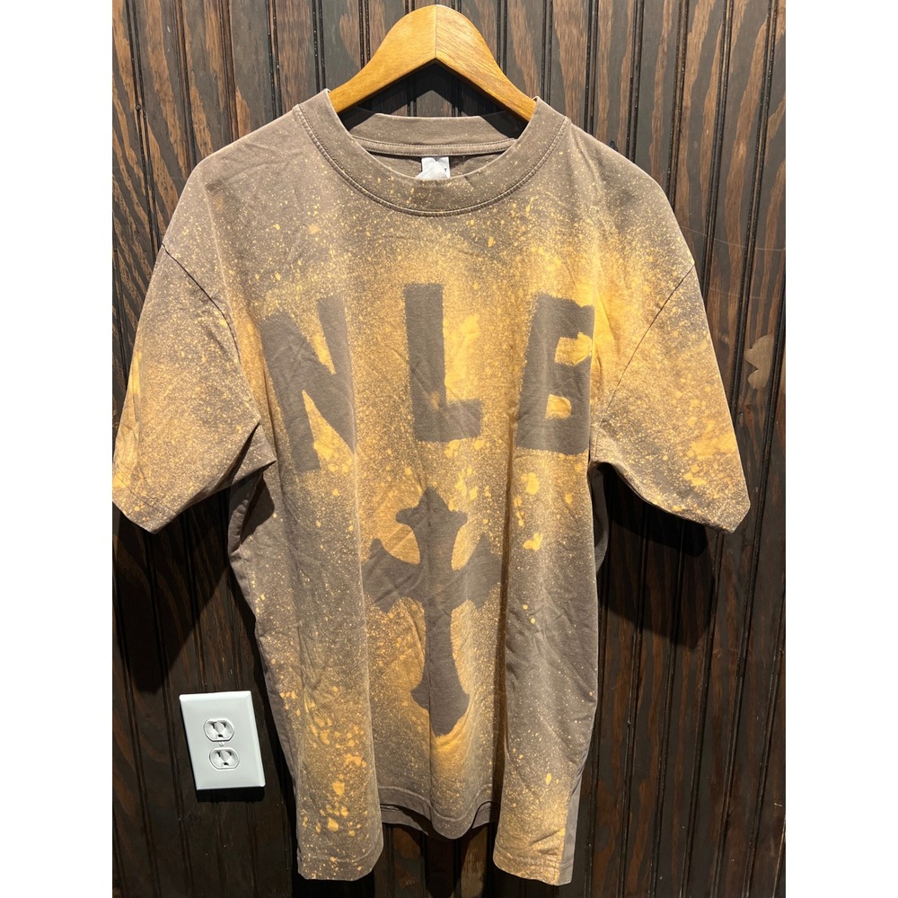 NLB Choppa Acid Wash Bleach Splatter Cross Graphic T-Shirt Brown Mens L